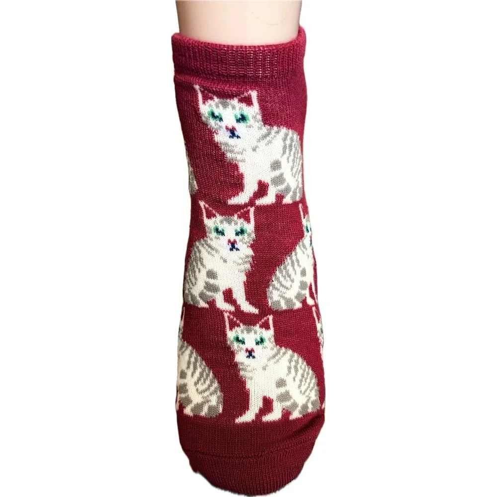 HYP Womens Cat Graphic Socks 3 Pairs Navy Maroon Teal Ankle Crew Shoe Size 4-10